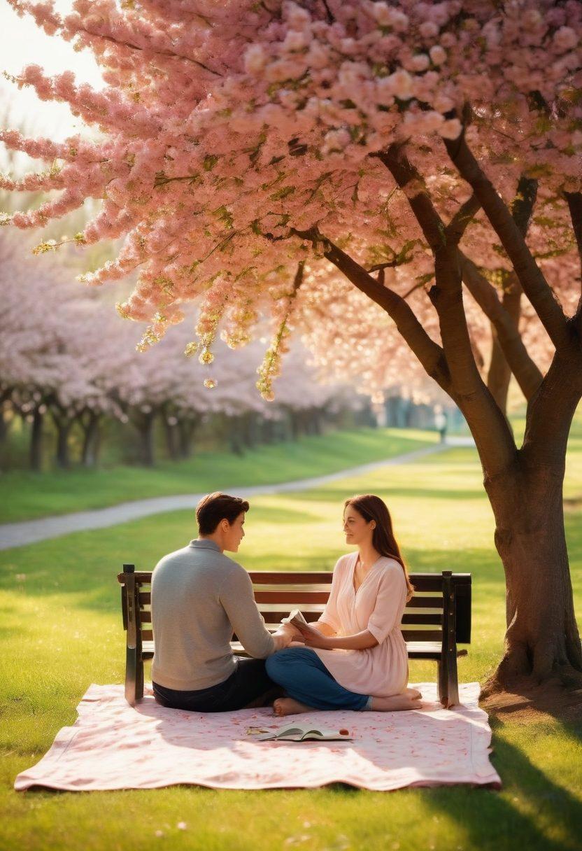 A serene, cozy scene featuring a couple sitting on a park bench, sharing an intimate conversation with a warm glow around them, surrounded by blossoming cherry trees symbolizing growth. Nearby, open books on relationship advice with heart-shaped bookmarks lay scattered on a picnic blanket, depicting wisdom in love. Soft sunlight filters through the leaves, casting gentle shadows, evoking a sense of peace and connection. super-realistic. warm colors. tranquil background.