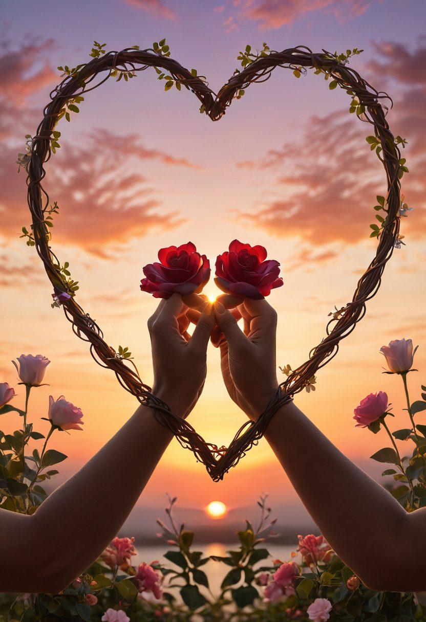 A warm and inviting scene depicting two hands entwined, surrounded by symbols of love like hearts, flowers, and intertwined vines representing deep emotional bonds. In the background, a soft sunset casts a gentle glow, symbolizing lasting commitment. The foreground should feature a handwritten love letter to evoke heartfelt gestures. super-realistic. warm colors. soft focus.