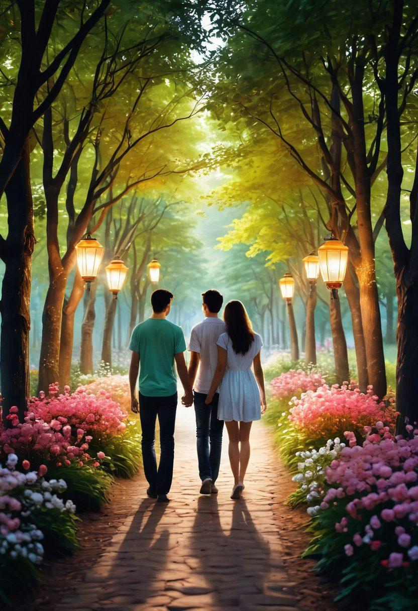 A romantic scene showing a couple walking hand in hand along a beautiful sunlit path surrounded by blooming flowers and soft, glowing lanterns. Include gentle heart-shaped elements floating in the air to symbolize love, and create a warm, inviting atmosphere. The background should have a lush green forest with dappled sunlight filtering through the leaves. Infuse the scene with dreamy colors and a hint of whimsy. super-realistic. vibrant colors. soft focus.